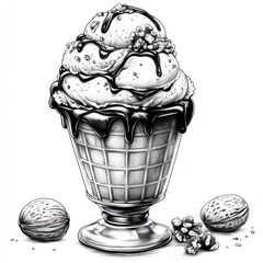 A black and white illustration of a sundae with two scoops of ice cream, chocolate sauce, and nuts, in a waffle cone with walnuts on the side.