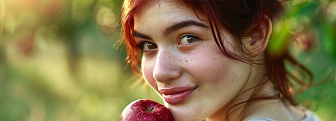 portrait of healthy young woman with an apple in autumn outdoors