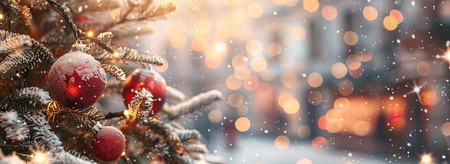 Wall Mural - a beautifully decorated christmas tree adorned with red ornaments is set against a backdrop of falli