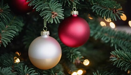 Colorful Christmas decorations adorn the branches of a spruce tree, vibrant balls in shades of red, silver, white and pink, embodying holiday cheer in winter. Happy New Year background. Generative AI