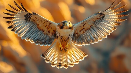 Wall Mural -   A close-up of a bird of prey spreading its wings wide in flight