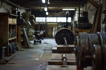 Weightlifting gym with nobody training, showing heavy weights on a rack ready for athletes to use them