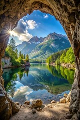 View from cave in mountain with scenery nature landscape of rocks, green valley and blue sky. Hidden underground cavern with clear lake inside, panoramic game background