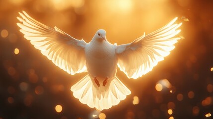 A white dove with outstretched wings soars through a golden, glowing sky.