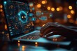 © Lubek - Close-up of hands typing on a laptop keyboard, with chat bubbles floating above the desk and out to the side, featuring a cute robot face icon.