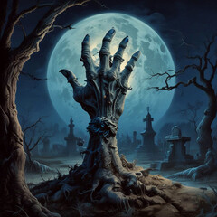 Realistic illustration of zombie creepy hand from grave with large blue moon behind.