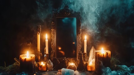  mystical altar , burning candles, and a black mirror for scrying,  dark, smoky background