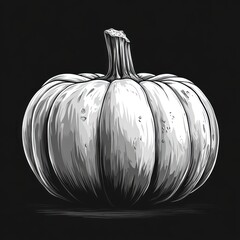 A detailed illustration of a whole pumpkin with a black and white color scheme on a black background.