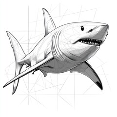 A detailed line drawing of a great white shark with a geometric pattern in the background.