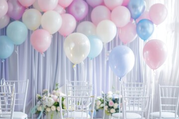 Canvas Print - A stunning display of white and pastel balloons adorns the venue for a wedding ceremony, creating a romantic atmosphere. Generative AI