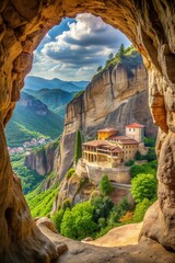 View from cave in mountain with scenery nature landscape of rocks, green valley and blue sky. Panorama of high rocks and mountains with monasteries. Morning. Aerial view