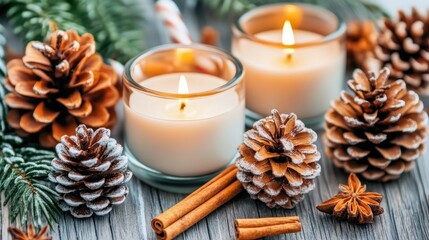 Sticker - The flickering candlelight illuminates cinnamon sticks and a pinecone, adding a touch of warmth and coziness to the tranquil ambiance of the evening