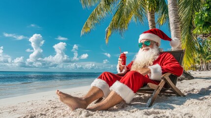 Santa Claus relaxing on a tropical beach with a drink, enjoying the sun and sea on a warm holiday afternoon. With copy space for text.