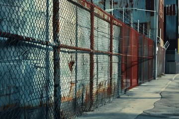 Rusty chain link fence with barbed wire standing in front of an industrial building