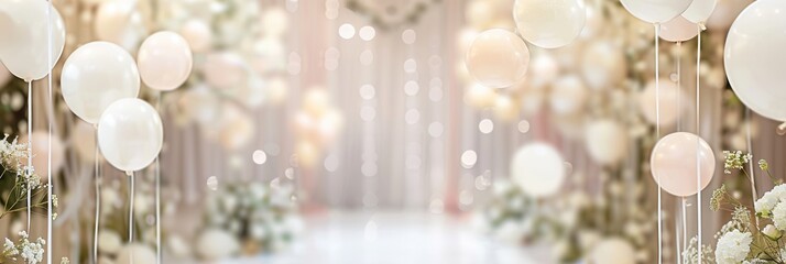 Canvas Print - Balloons in white and pastel hues adorn a wedding ceremony setup, creating a romantic ambiance filled with delicate floral arrangements. Generative AI