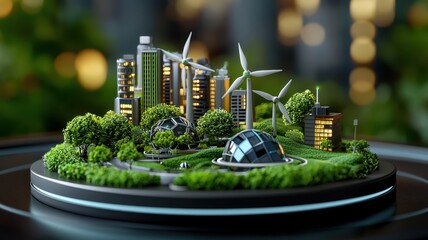 Wall Mural - Sustainable Futuristic Cityscape 3D Model with Eco-Friendly Buildings and Wind Turbines in Flat Design Style