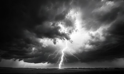 Sticker - Panorama Dark cloud at evening sky with thunder bolt. Heavy storm bringing thunder, lightnings and rain in summer.