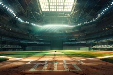 Sun shining through dramatic lighting of empty baseball stadium at dawn