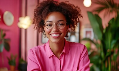 Poster - pretty cheerful lady wear pink shirt communicating modern gadget indoors room home house