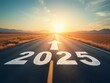 © NASSRI - Road to 2025 with an empty road with written 2025 and arrow pointing towards the horizon to represent the future and positivity and success vision of the new year 2025 in sunset highway for motivation