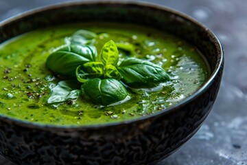 Green soup made with fresh ingredients is seasoned with black pepper and decorated with basil leaves