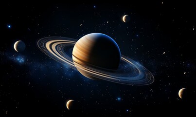 Wall Mural - saturn planets in deep space with rings and moons surrounded. isolated on black background