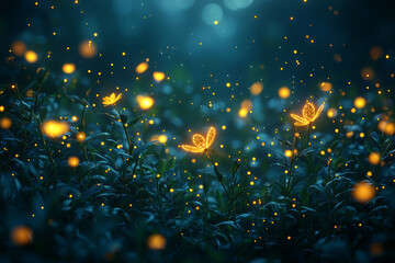 Poster - fireflies glowing in the dark, creating a magical, natural light show in the night. concept of natur