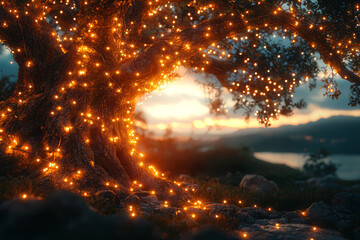 Sticker - Fairy lights strung along a tree, softly illuminating the branches in a magical way. Concept of festivity.