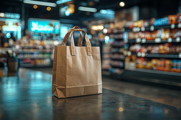 Poster - an empty shopping bag on a store counter, ready for a store logo or design.