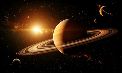 saturn planets in deep space with rings and moons surrounded. isolated on black background