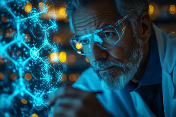 Poster - a scientist drawing molecular structures on a board, working on the next breakthrough. concept of re
