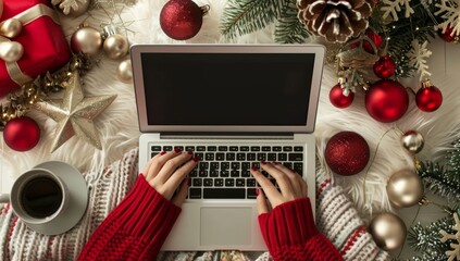 A woman in a red sweater works on her laptop in a Christmasthemed workspace, surrounded by decorations, creating a cozy atmosphere for work and relaxation during the holiday season