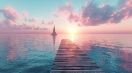 Wall Mural -   A sailboat bobbing atop azure waters beside a wooden pier under a cloud-laden sky