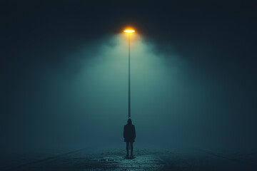 Poster - a person standing under a streetlight at night, surrounded by darkness but illuminated in a small ci