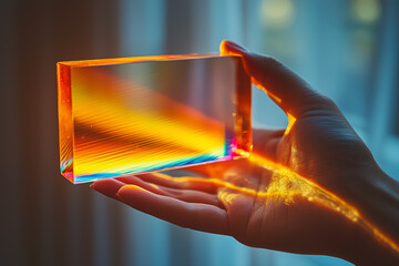 Poster - a person holding a prism, casting a rainbow of colors onto the wall, showcasing the magic of light r