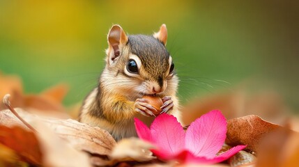 Canvas Print -   A close-up photo of a little rodent savoring a chunk of food against a backdrop of a vibrant pink flower