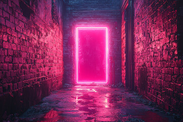Poster - A neon sign glowing brightly in an otherwise dark alley, drawing attention to its vibrant colors. Concept of advertising.