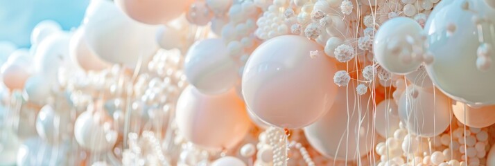 Canvas Print - A wedding ceremony is beautifully adorned with elegant white and pastel balloons, creating a warm and inviting atmosphere for guests. Generative AI