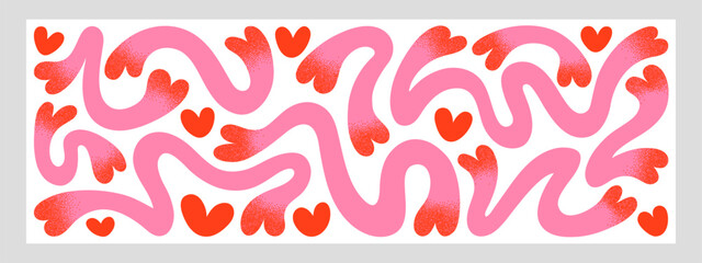 Aufkleber - Valentine's day trendy modern surreal illustration, text background, header, banner. Heart squiggle fluid liquid groovy organic hand drawn shapes inscribed in a rectangle. Dotwork stipples shading.