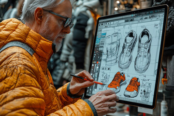 Poster - a designer sketching new shoe concepts on a tablet, illustrating the future of fashion. concept of d
