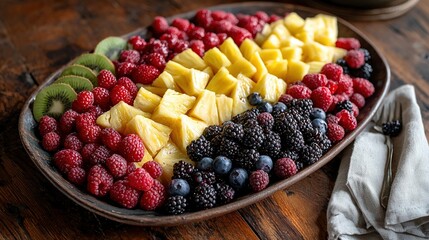 Poster -   A platter of fruit featuring kiwis, raspberries, pineapples and more kiwis