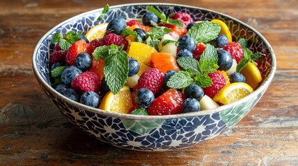 Poster -   A bowl of mixed fruit, adorned with mint leaves and nestled in a blue-white bowl on a wooden table