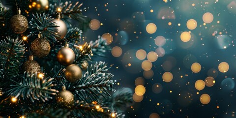 Wall Mural - the christmas tree is beautifully decorated with golden ornaments and sparkling lights, creating a f