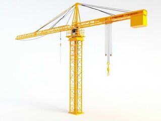 3d rendering of a vibrant yellow tower crane, isolated on a clean white background, symbolizing construction and urban development