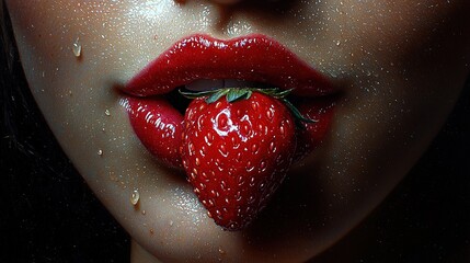 Poster -   A close-up of a woman's lips with a strawberry shaped like a letter on them