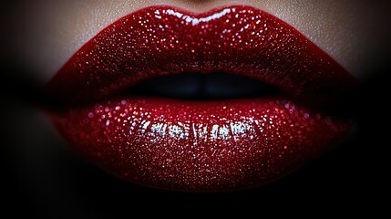 Poster -   Close-up of a woman's lips with red glitter on both upper and lower lips