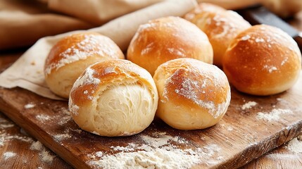 Poster -   A wooden cutting board with powdered sugar and a stack of bread rolls on top