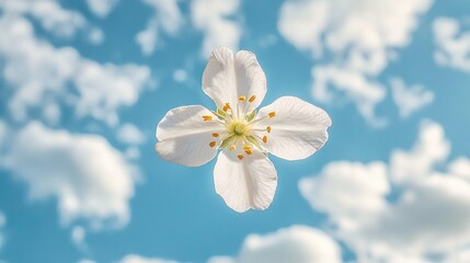 Wall Mural -   White flower with yellow stamens surrounded by blue sky and white clouds