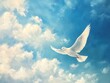 © Bijac - a serene painting captures the beauty of a blue sky with fluffy clouds, alongside a white bird soaring gracefully, embodying freedom and tranquility in a harmonious landscape
