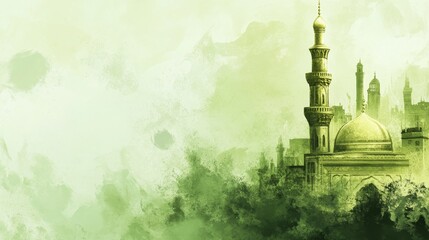 Wall Mural - A serene green landscape featuring a mosque with a dome and minaret, surrounded by soft textures.